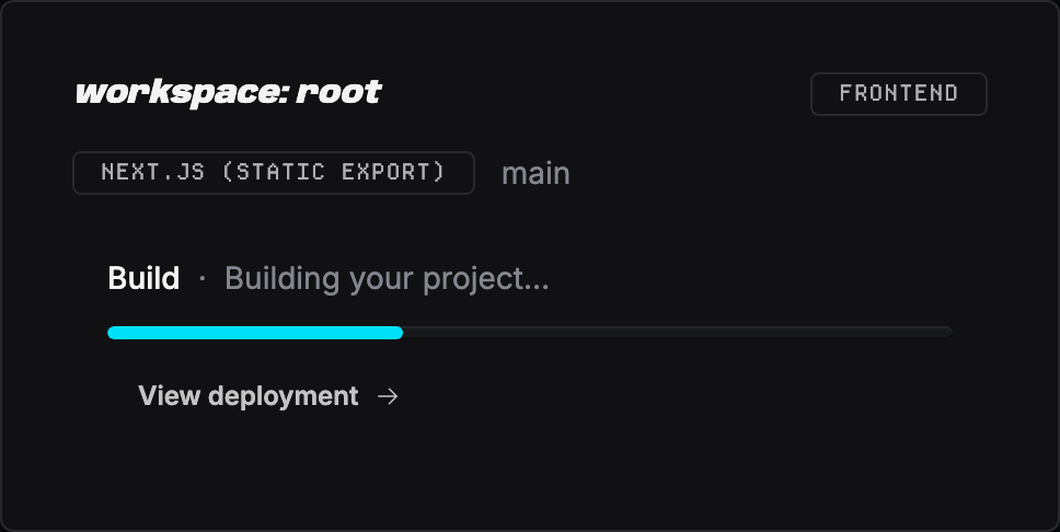 A workspace card on a project overview during a deploy: a 'workspace: root' heading with a Frontend badge, a 'Next.js (static export)' badge next to the branch name main, then the line 'Build · Building your project…' above a part-filled progress bar, and a 'View deployment' link.